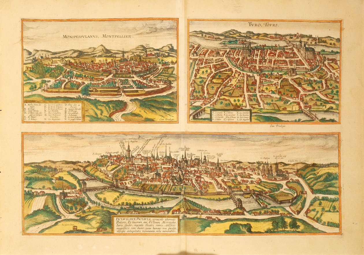 Map of Montpellier, Tours and Poitiers from Civitates Orbis Terrarum by Georg Braun by Georg Braun and Hogenberg Franz