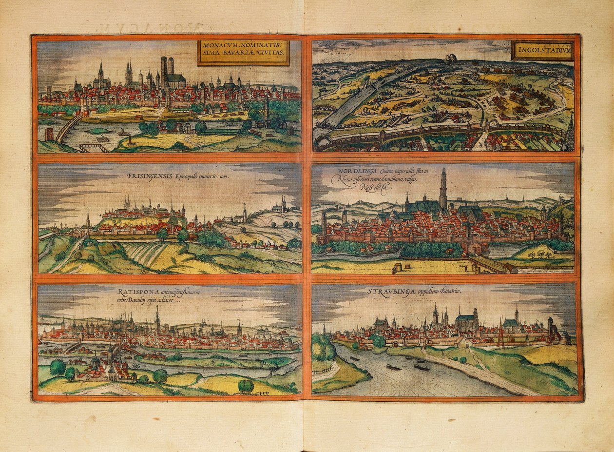 Map of Munich, Ingolstadt, Freising, Nordlingen, Regensburg and Straubing, Germany, from Civitates Orbis Terrarum by Georg Braun by Georg Braun and Hogenberg Franz