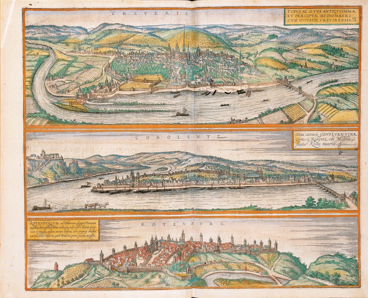 Map of Trier, Koblenz and Rothenburg ob der Tauber from Civitates Orbis Terrarum by Georg Braun and Hogenberg Franz