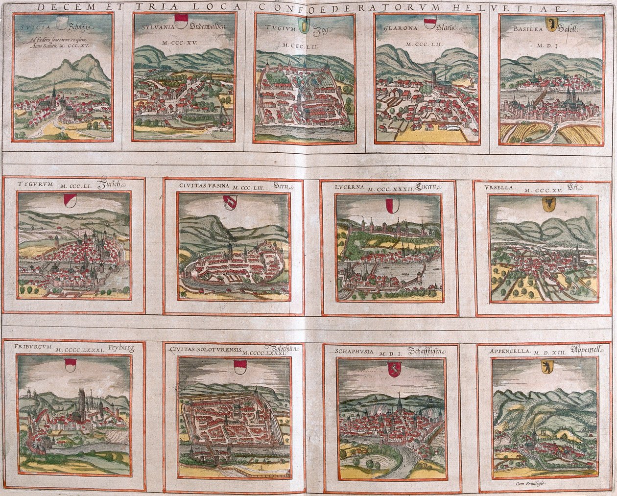 Schwyz, Unterwalden, Zug, Glarus, Basel, Zurich, Bern, Lucerne, Canton of Uri, Fribourg, Schaffhausen, Appenzell, Switzerland by Georg and Hogenberg Franz (1535 90) Braun
