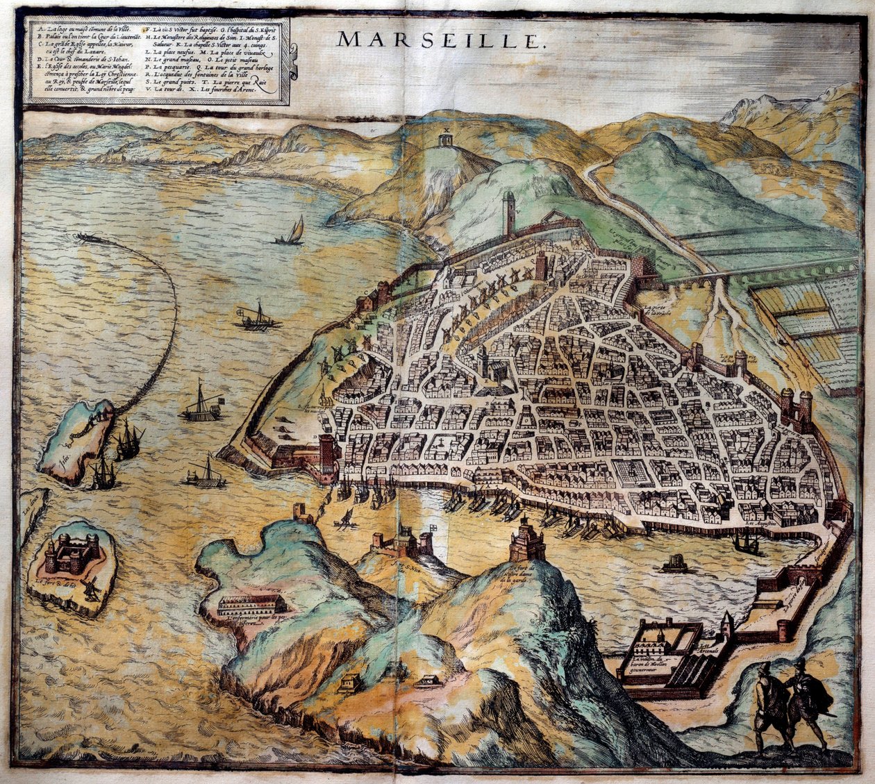 View of the City of Marseille with Street Map. Engraving from the Atlas de Braun and Hogenberg, 1572 by Georg Braun and Hogenberg Franz