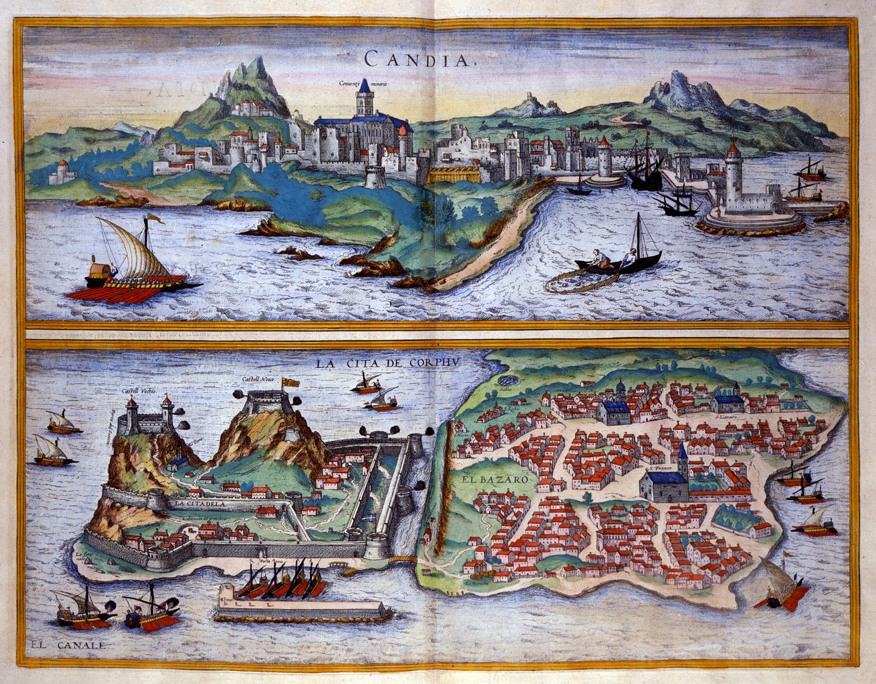 View of the port of Candie (present-day Heraklion) in Crete and the port of Corfu in Greece Engraving by George Braun In 