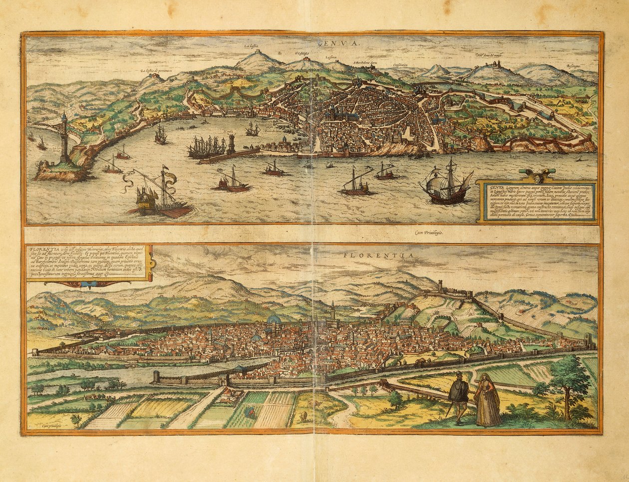 Map of Genoa and Florence from Civitates Orbis Terrarum by Georg Braun
