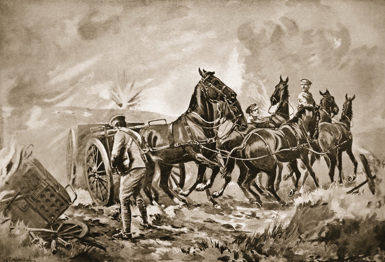 Driver King assisting in hooking a gun to a limber under heavy fire by George Derville Rowlandson