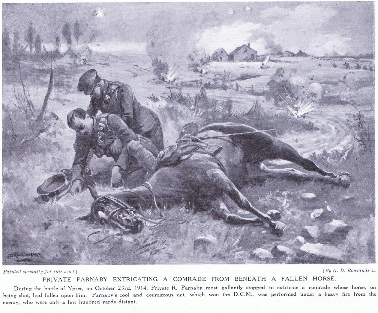 Private Parnaby Awarded DCM for Extracting a Comrade from Beneath a Fallen Horse Under Heavy Fire (October 1914) by George Derville Rowlandson