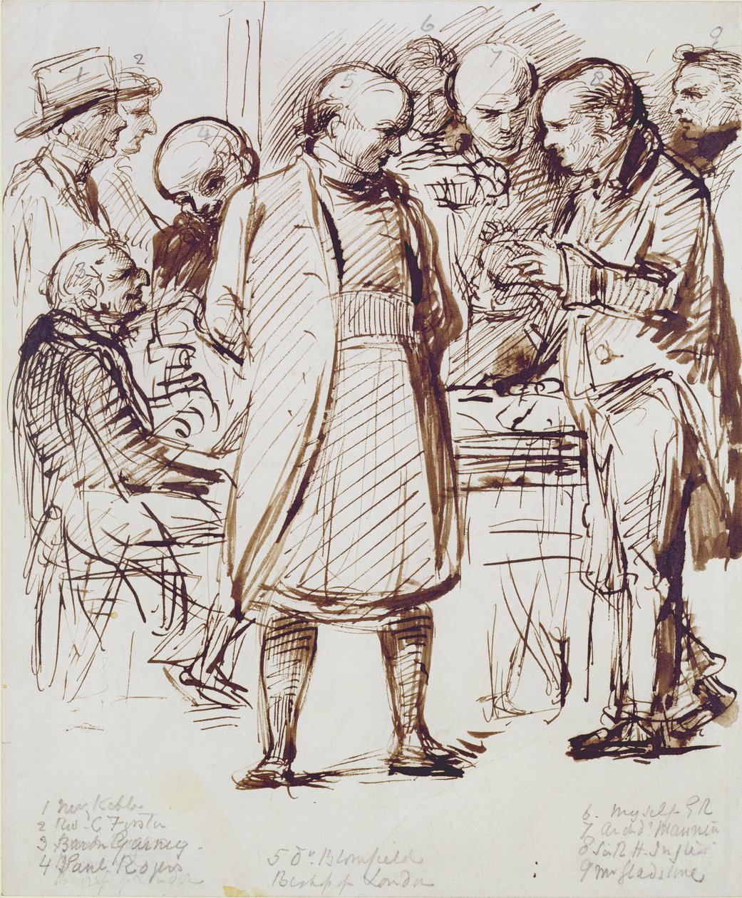 A Group of Churchmen and Politicians including John Keble and William Gladstone in conversation with the Bishop of London at Fulham Palace by George Richmond