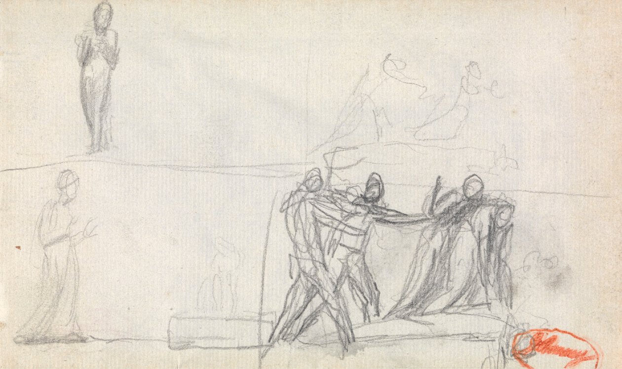 Group Scene and Two Sketches of a Standing Figure by George Romney