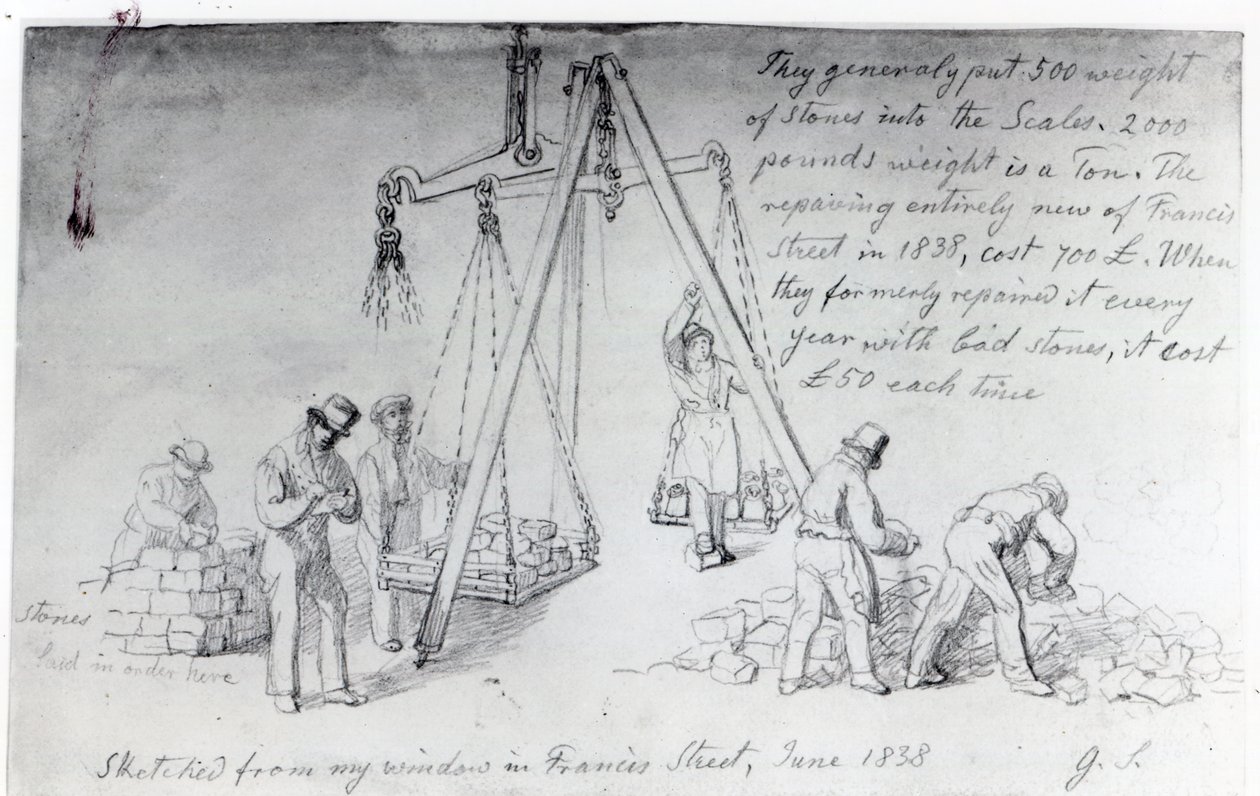 Weighing out Stones on Francis Street, London, 1838 by George Snr Scharf