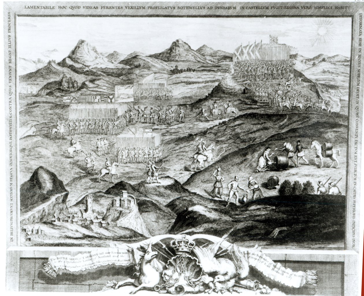 The Battle Array of Carberry Hill near Edinburgh with the Surrender of Mary, Queen of Scots to the Confederate Lords of Scotland and the Escape of Earl Bothwell in 1567, engraved by the artist by George Vertue