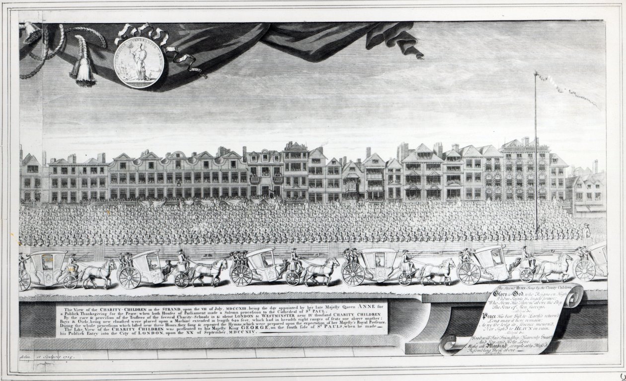 View of the Charity Children in the Strand, print made in 1715 by George Vertue