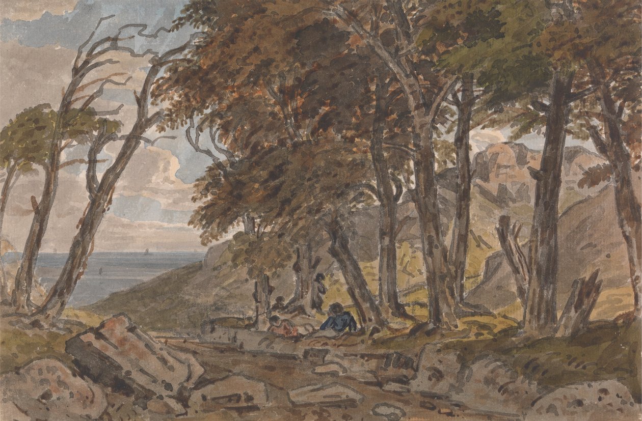 Figures on the Bank of a Wooded Lane, with Sea in Distance Left by George Barret Jr.