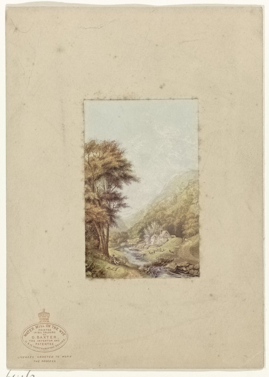 Hilly Landscape with Stream (Water Mill on the Wye) by George Baxter
