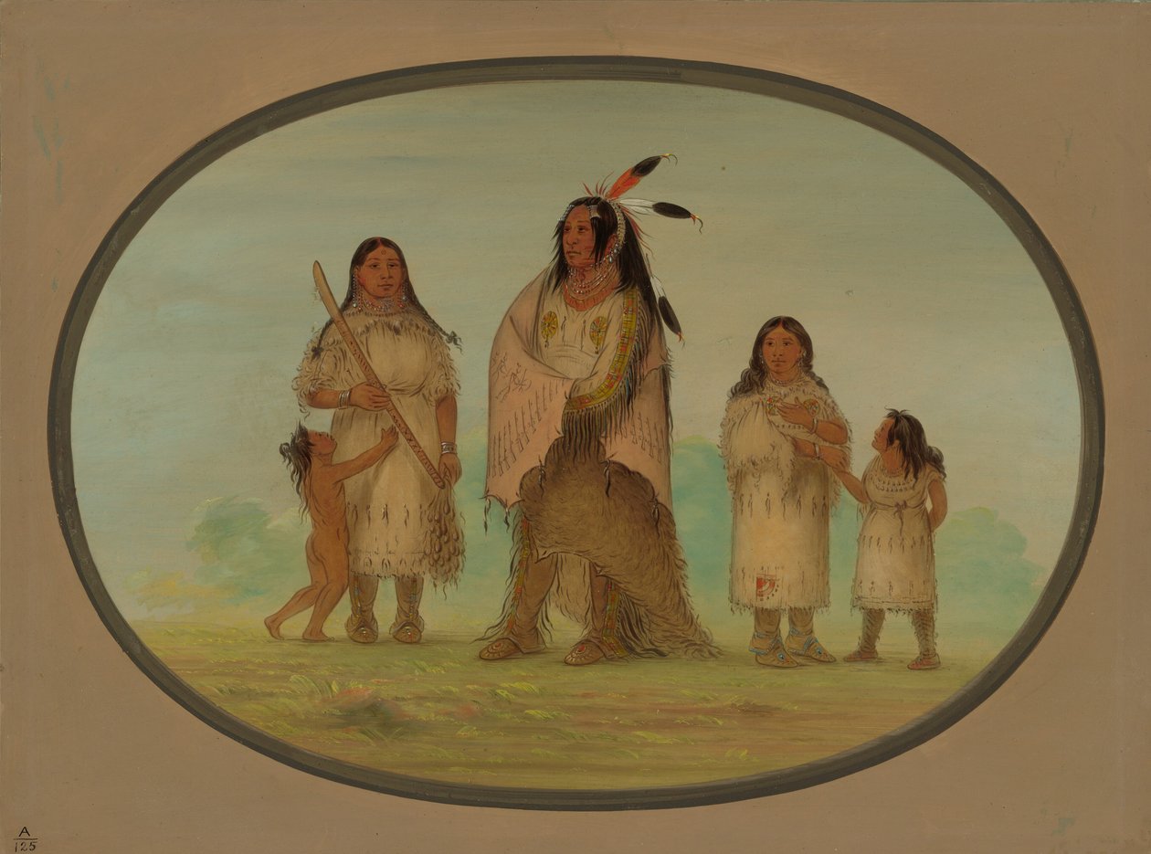 Assinneboine Warrior and His Family by George Catlin