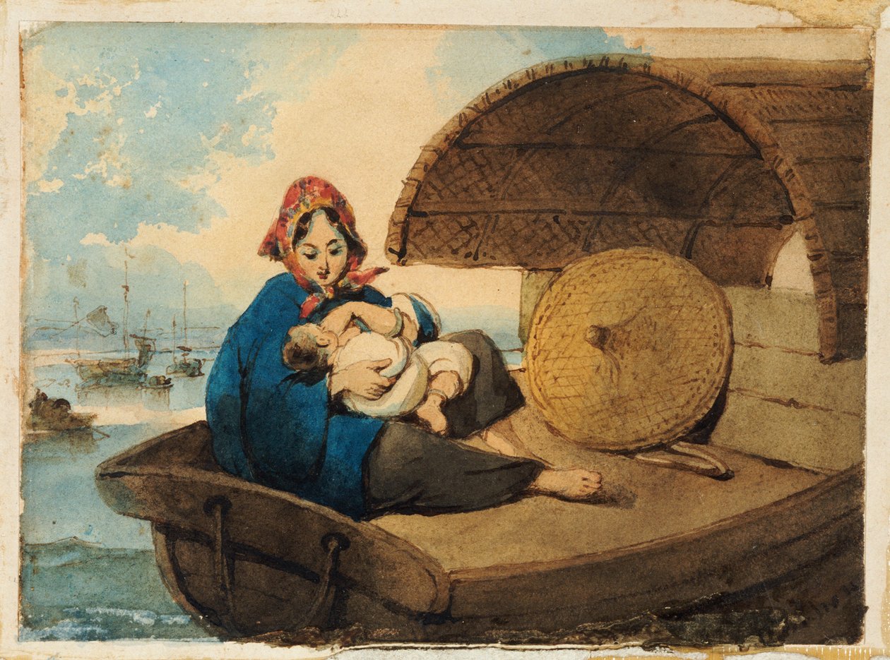 A Tanka Woman with her Child on a Boat by George Chinnery