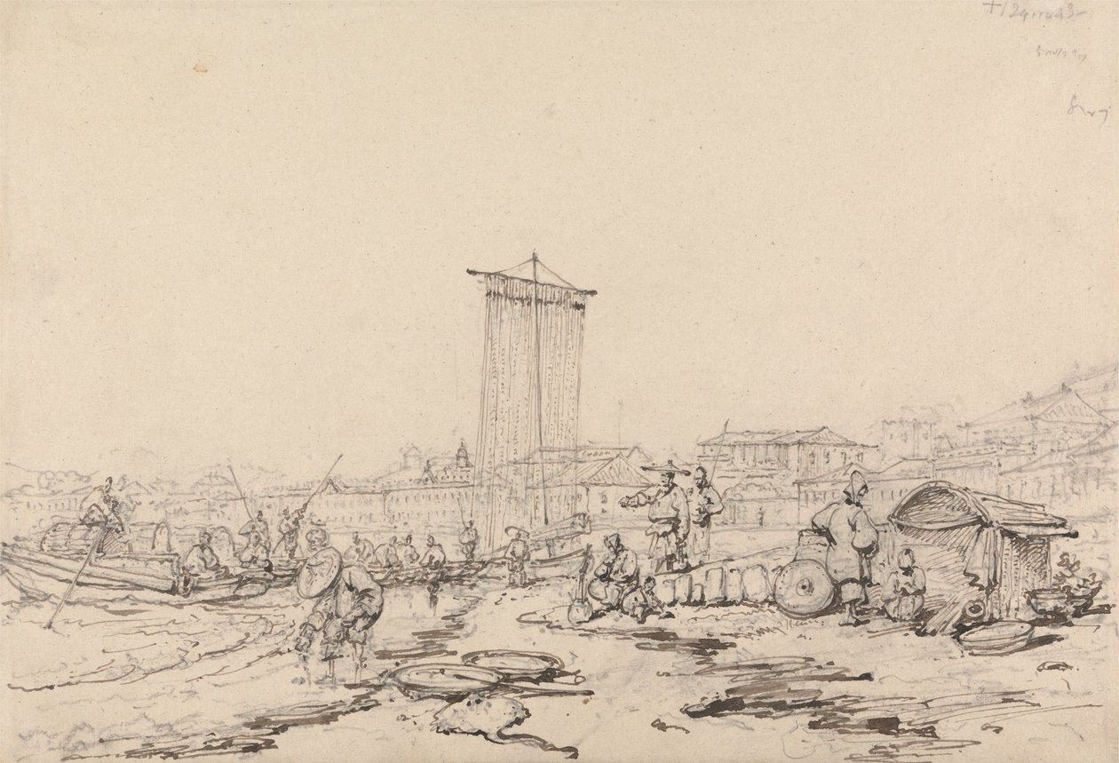 Coast Scene with Fishermen and Buildings, Macao by George Chinnery