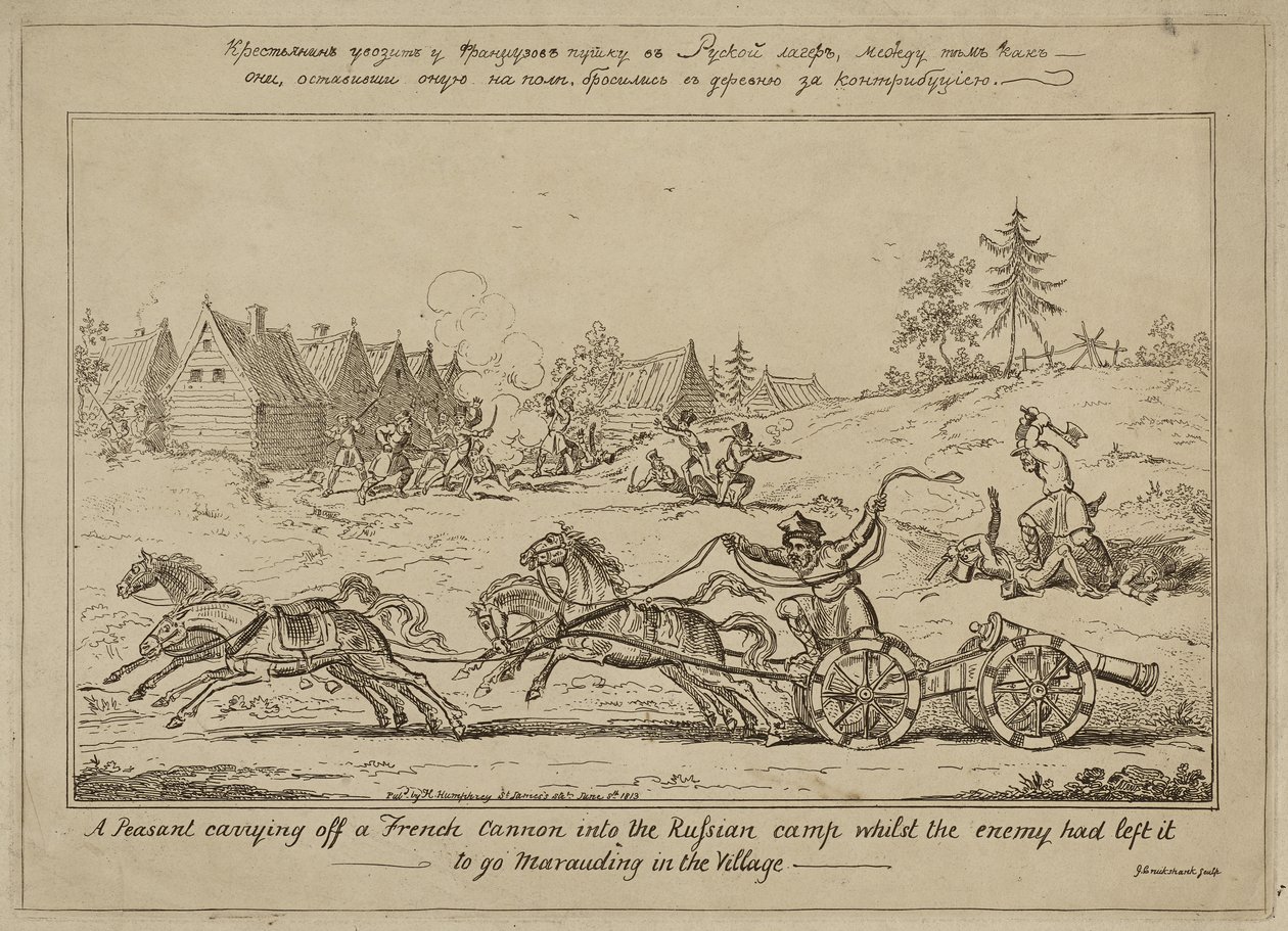 A Peasant Carrying Off a French Cannon into the Russian Camp Whilst the Enemy had Left it to go Marauding in the Village, published June 8, 1813 by George Cruikshank