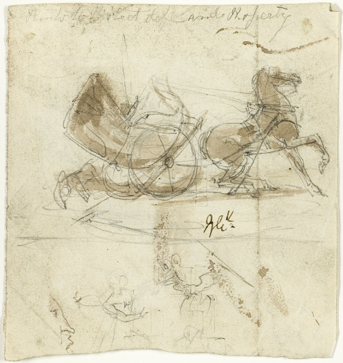 Caricature of Self (front); Cab Thrown by a Horse, with Other Sketches (back) by George Cruikshank