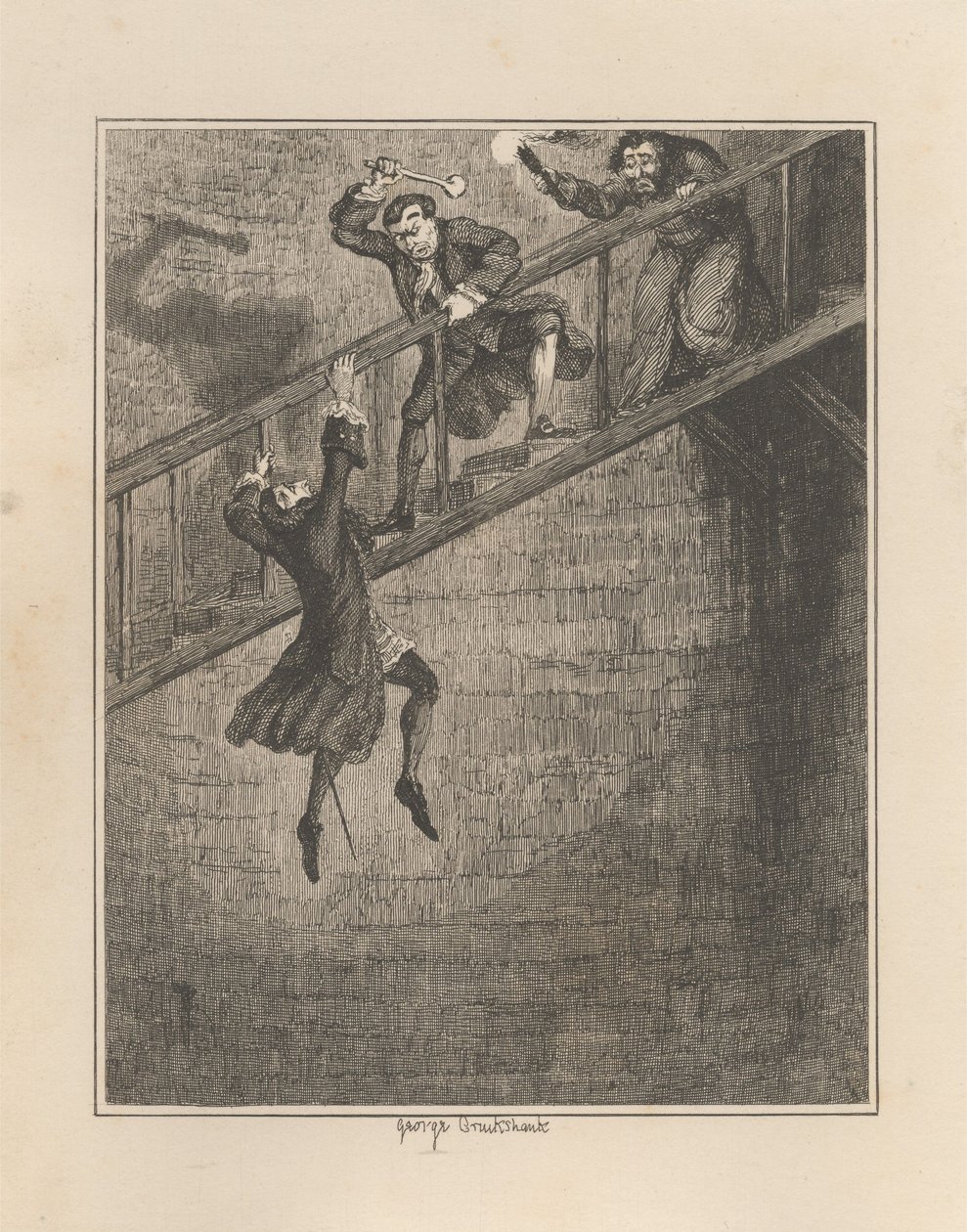 Jonathan Wild Throwing Sir Rowland Trenchard Down the Well-Hole by George Cruikshank