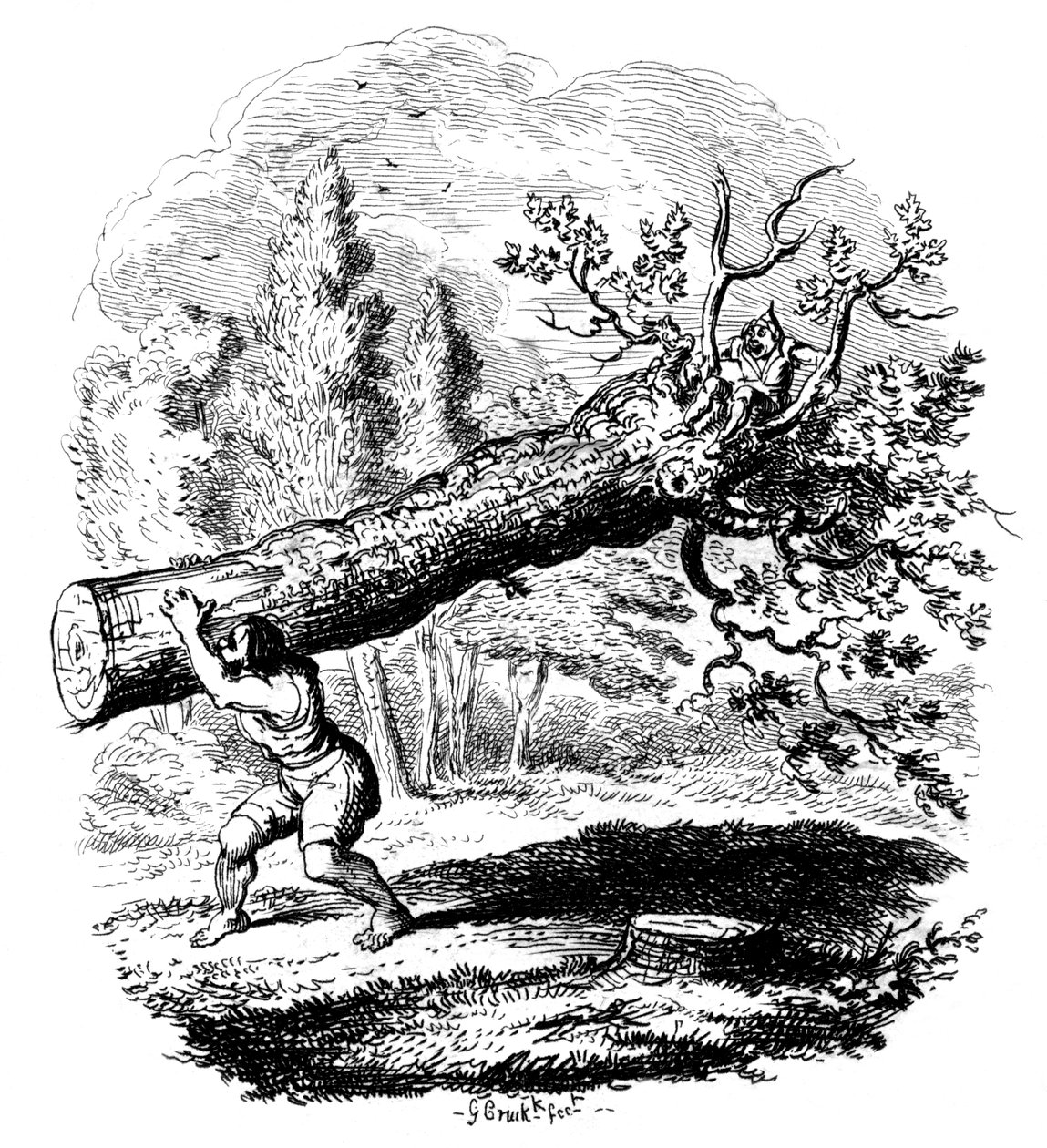 Man Carrying a Large Tree Trunk on His Shoulder, 19th Century by George Cruikshank