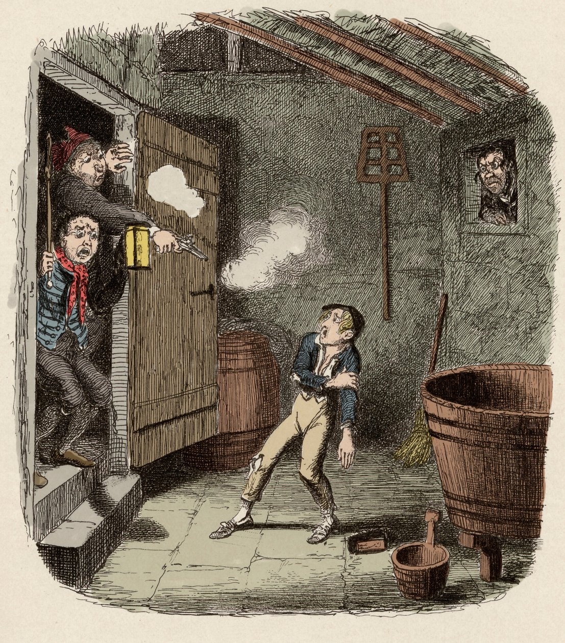 Oliver surprised and wounded during the attempted burglary - The Burglary - Illustration for "Oliver Twist" by George Cruikshank