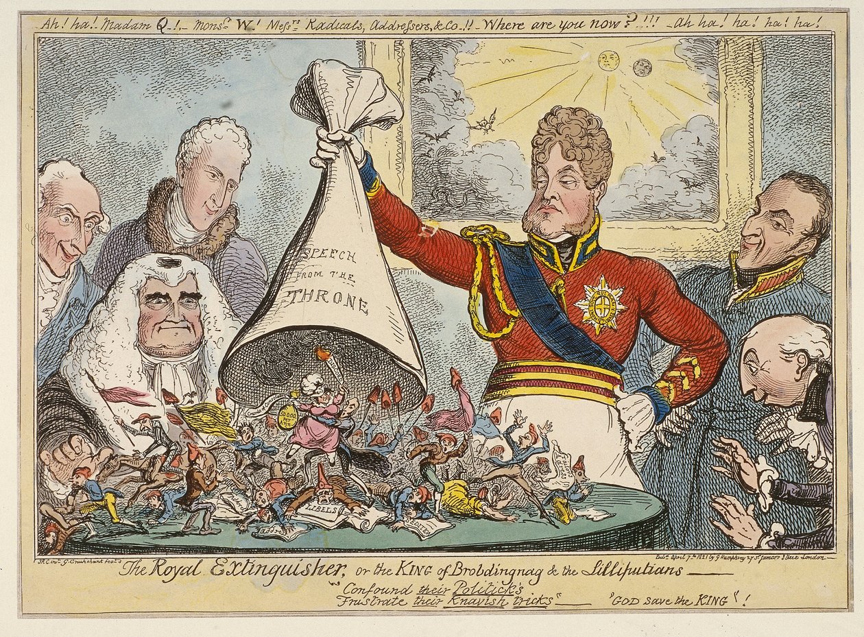 The Royal Extinguisher, or the King of Brobdingnag & the Lilliputians by George Cruikshank