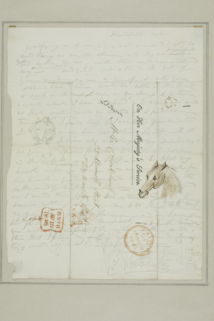Untitled (Cruikshank letter with sketches of horse head) by George Cruikshank