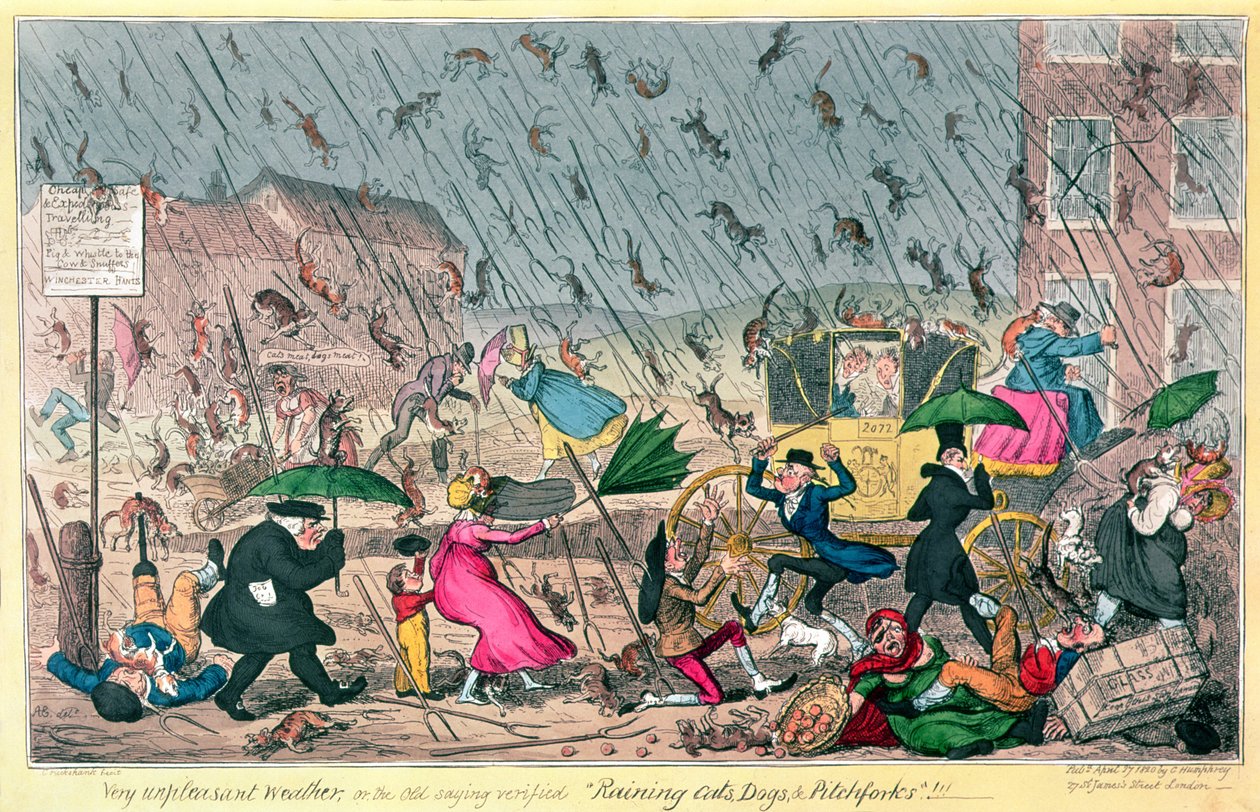 Very Unpleasant Weather, or the Old Saying verified Raining Cats, Dogs and Pitchforks! by George Cruikshank