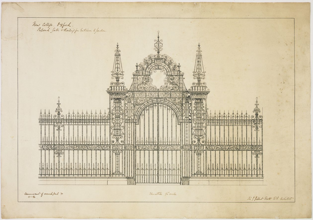 New College Oxford: Proposed Gates and Railing for Entrance to Garden by George Gilbert Scott