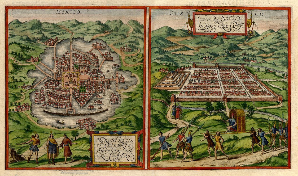 Views of Mexico City (formerly Tenochtitlán) and Cusco by George & Hogenberg Frans & Pinet Antoine du Braun