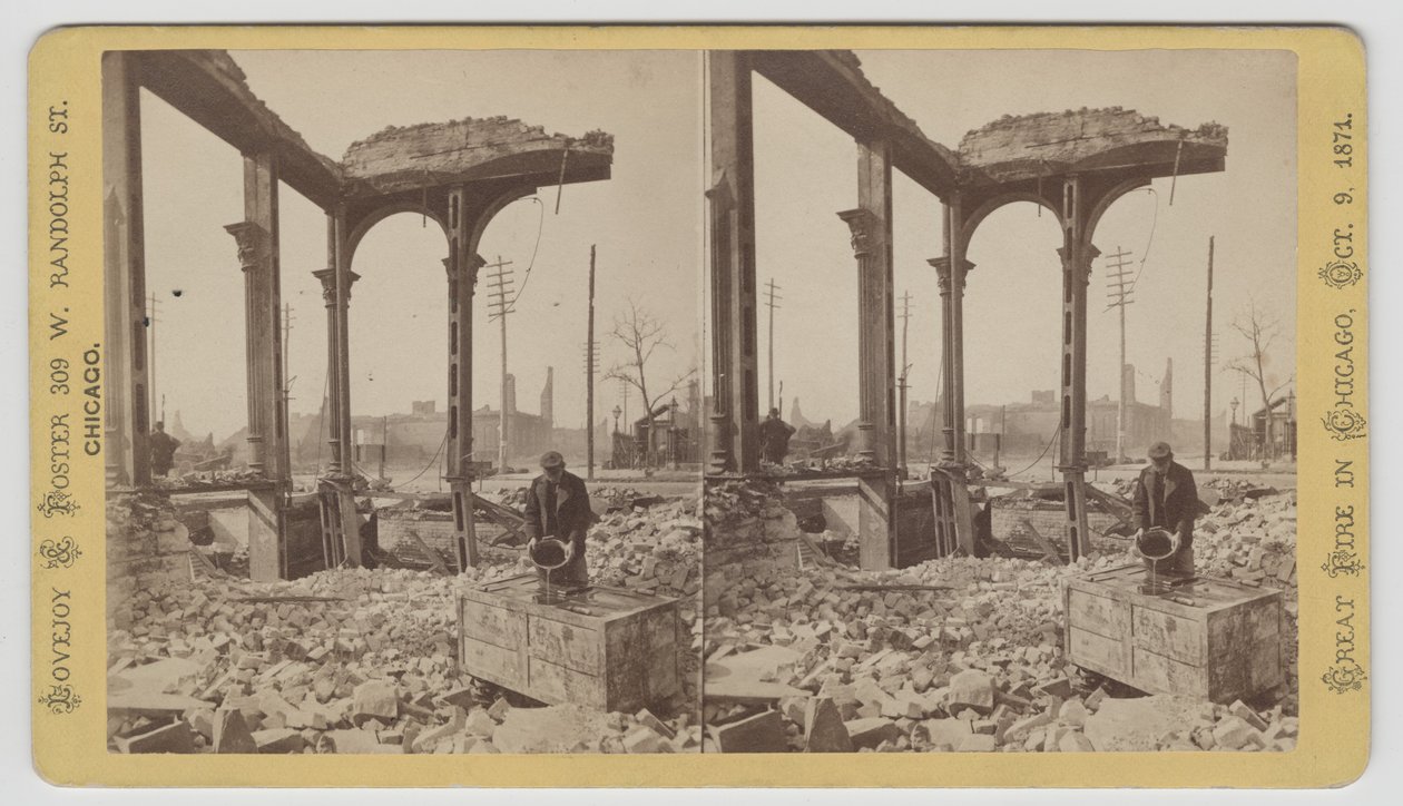 Stereograph of a Man Cooling a Safe Among the Ruins After the Chicago Fire of 1871, 1871 by George N. Barnard