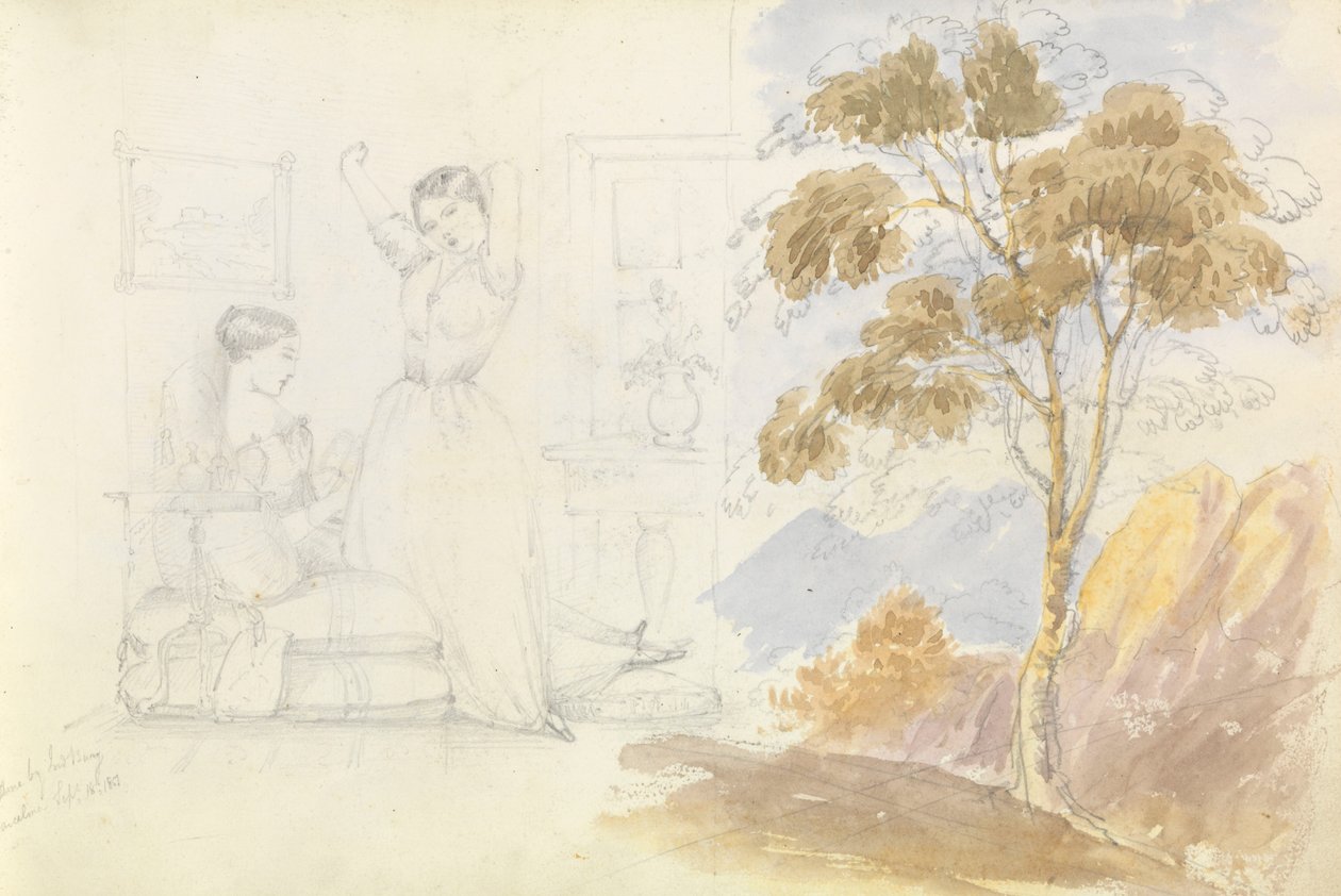 Sketch of two young women, one sitting and reading the other stretching and yawning (drawn by Lord Bury) with a drawing of a tree alongside by George Pechell Mends