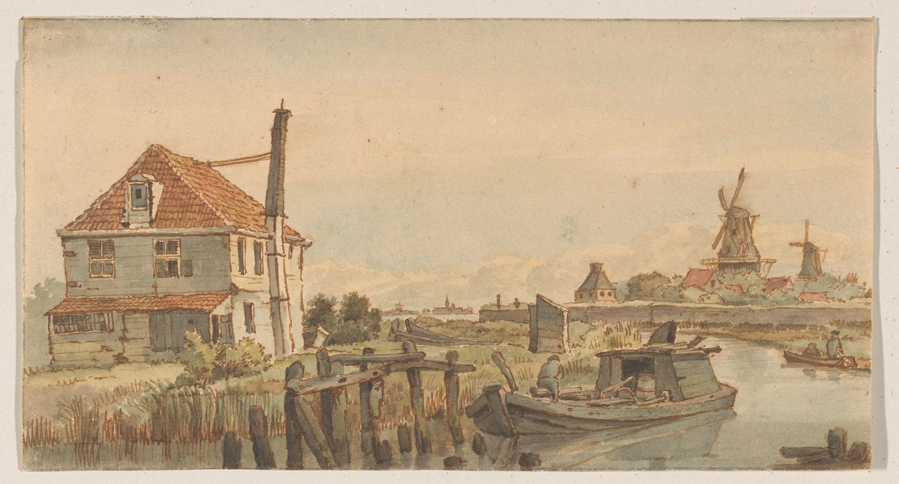 Canal with a Boat, a House, and Two Windmills by George Pieter Westenberg