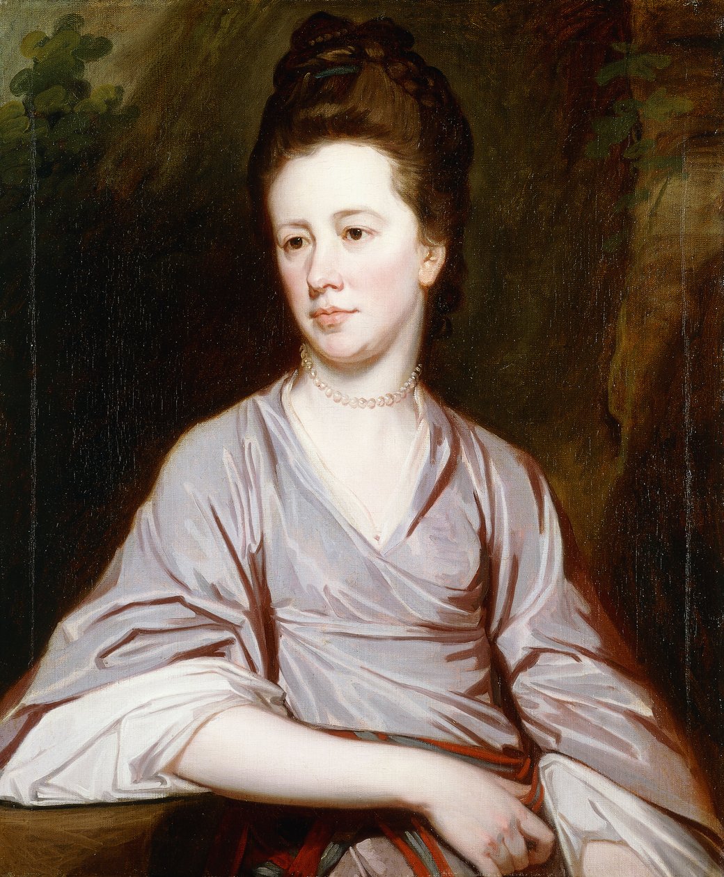 Portrait of Miss Joan Knatchbull, Seated Half Length Wearing a Mauve Dress and a Pearl Necklace by George Romney