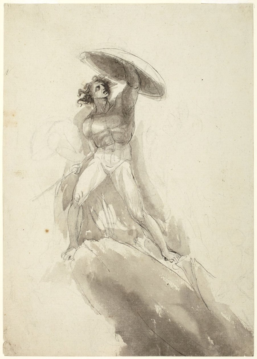 Striding Male Nude with Shield: Study for Fall of Rebel Angels by George Romney