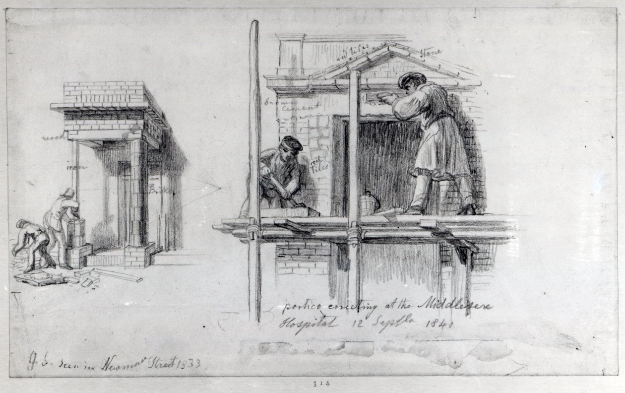 Erecting Porticos at Newham Street and Middlesex Hospital, London by George Snr Scharf