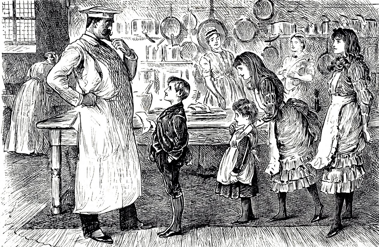 A cartoon depicting a chef taking orders from the children of the house by George du Maurier