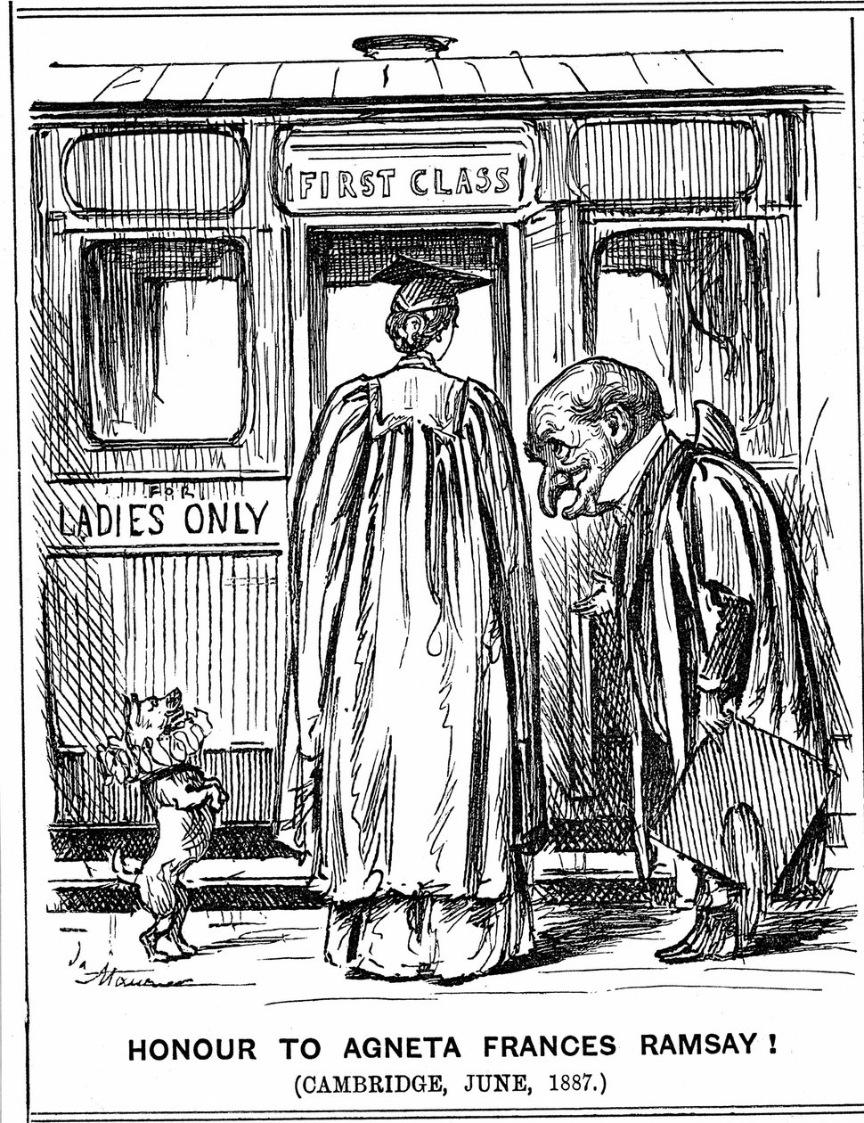 Mr Punch bows to Agneta Frances Ramsay who sat, and passed with First Class Honours, the papers set, but could not receive a degree as Cambridge did not award them to women at this time. George du Maurier cartoon from Punch, London, 2 July 1887. by George du Maurier