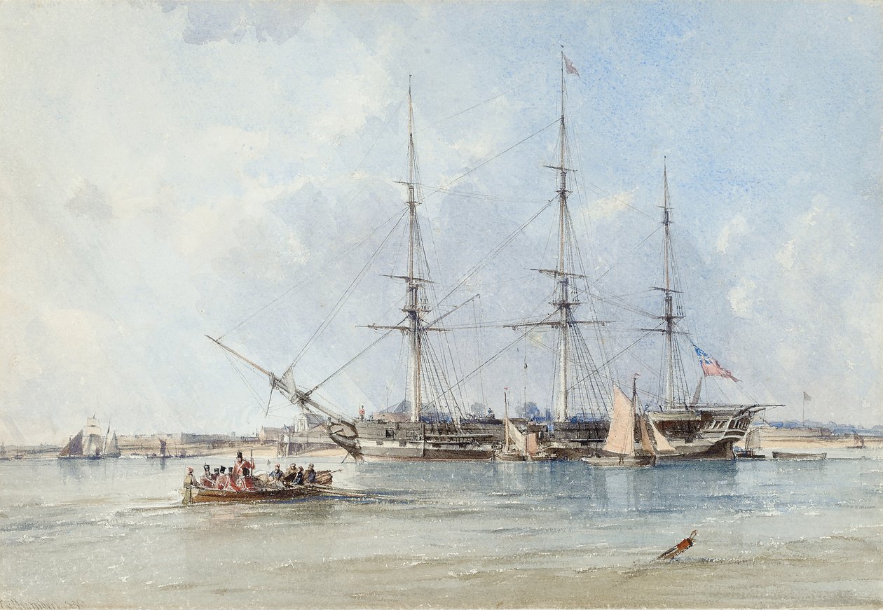The Blackwall Frigate Seringapatam at Anchor off Tilbury Fort by George the Elder Chambers