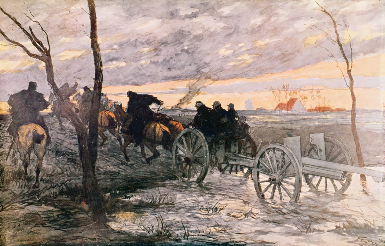 Sunset in the Valley of Yser: a 75 Cannon Being Wheeled to a Strategic Position by Georges Bertin Scott