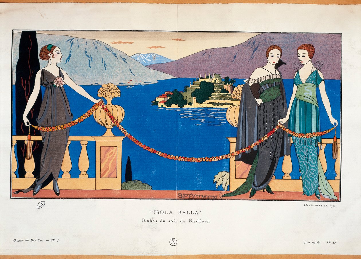Fashion Plate Depicting Ladies in Redfern Evening Dress and Borromean Isola Bella in the Background, Parisian Haute Couture Journal Gazette du Bon Ton by Georges Barbier