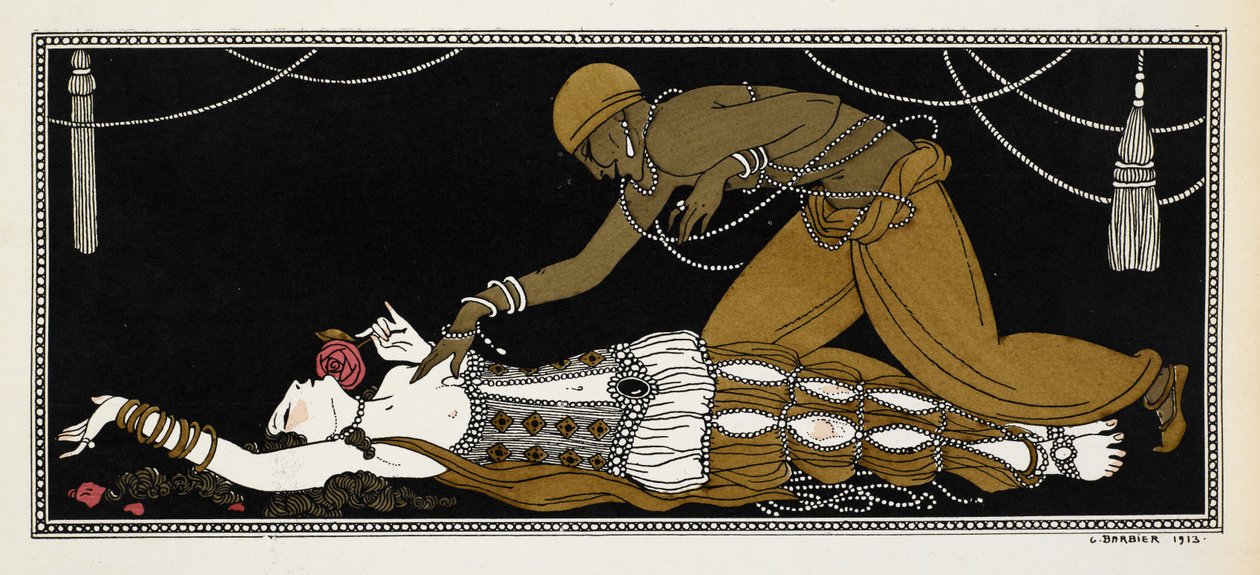 Nijinsky as the Golden Slave in Sheherazade, Sheherazade on Her Deathbed by Georges Barbier