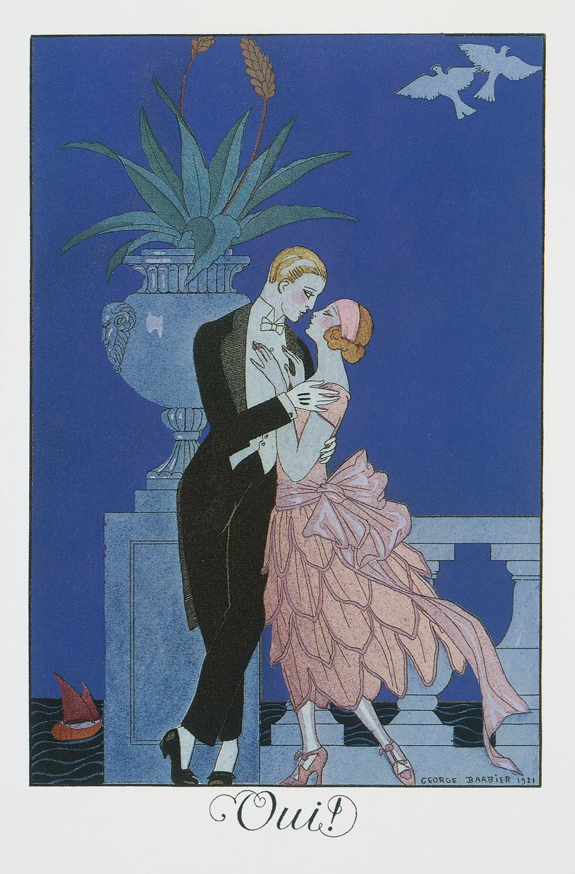 Oui, Two young fiances in evening dress, lithograph from Falbalas et Fanfreluches, Almanach des Modes Presentes, Passees et Futures by Georges Barbier