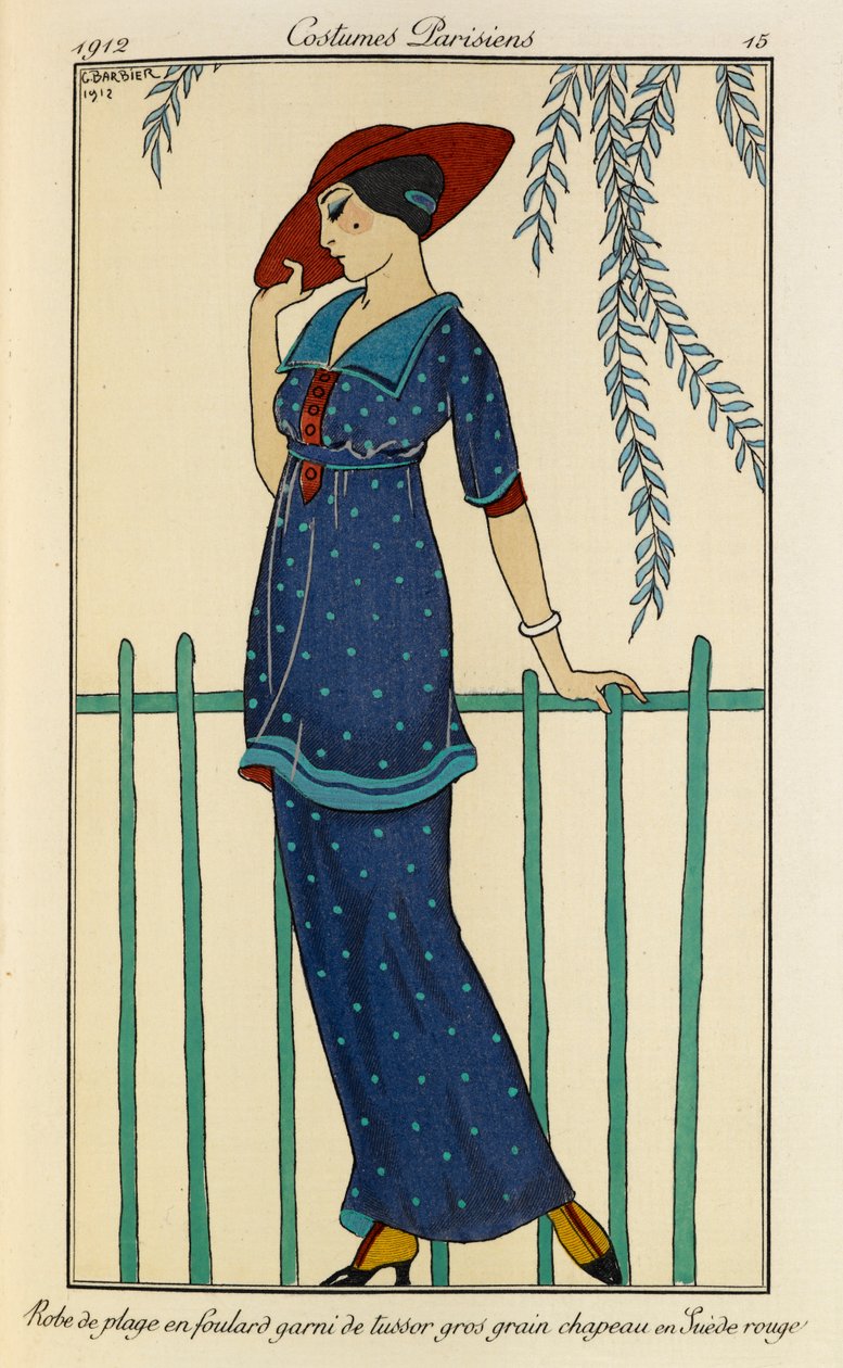 Beach Dress with Raw Silk Scarf and Red Hat by Georges Barbier