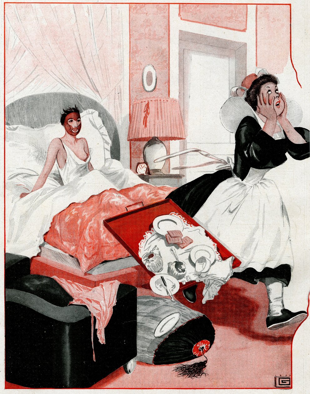 The so-called Beauty Mask and the new maid - My God! - illustration from La Vie Parisienne by Georges Leonnec