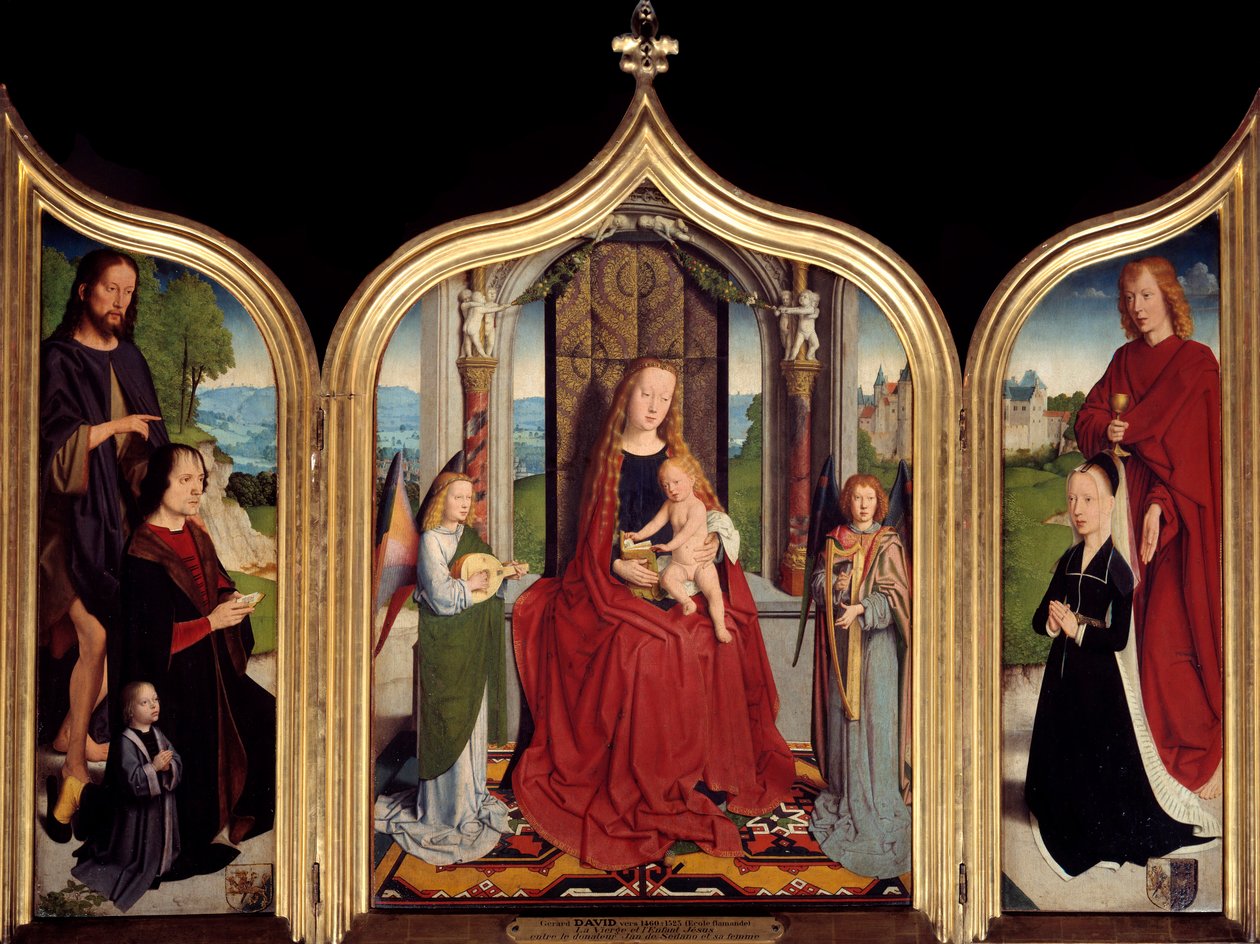 Triptych of the Sedano Family: In the Center the Virgin and the Child Between Two Musical Angels, on the Left John of Sedano and His Son Presented by Saint John the Baptist, on the Right His Wife and Saint John the Evangelist by Gerard David