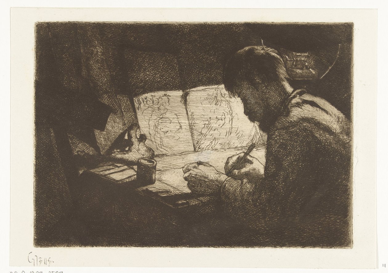 Self-Portrait at the Drawing Table by Gerard Jan Bos (signed by artist)