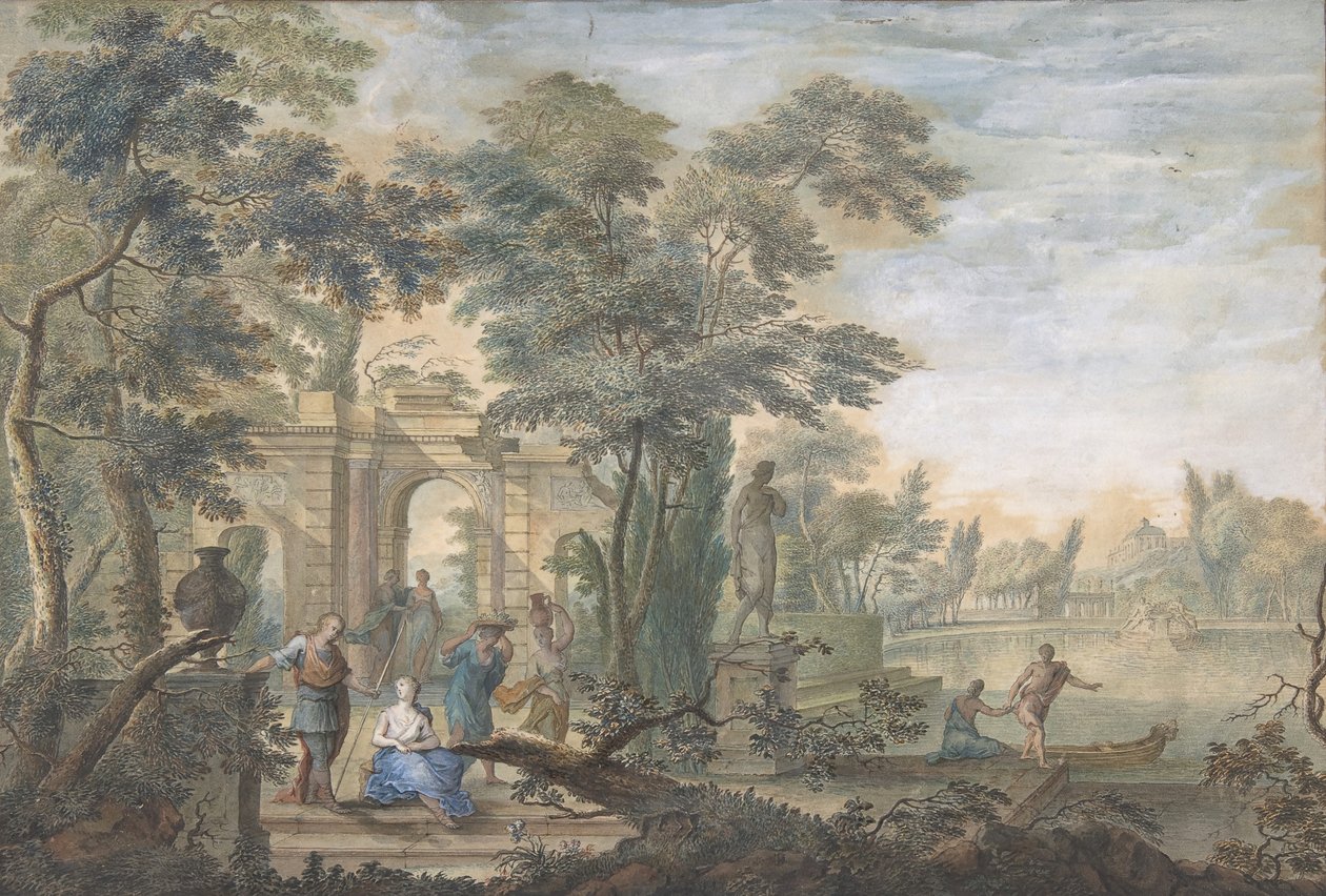 Arcadian Landscape with several Figures and a Statue of Diana by Gerard Melder