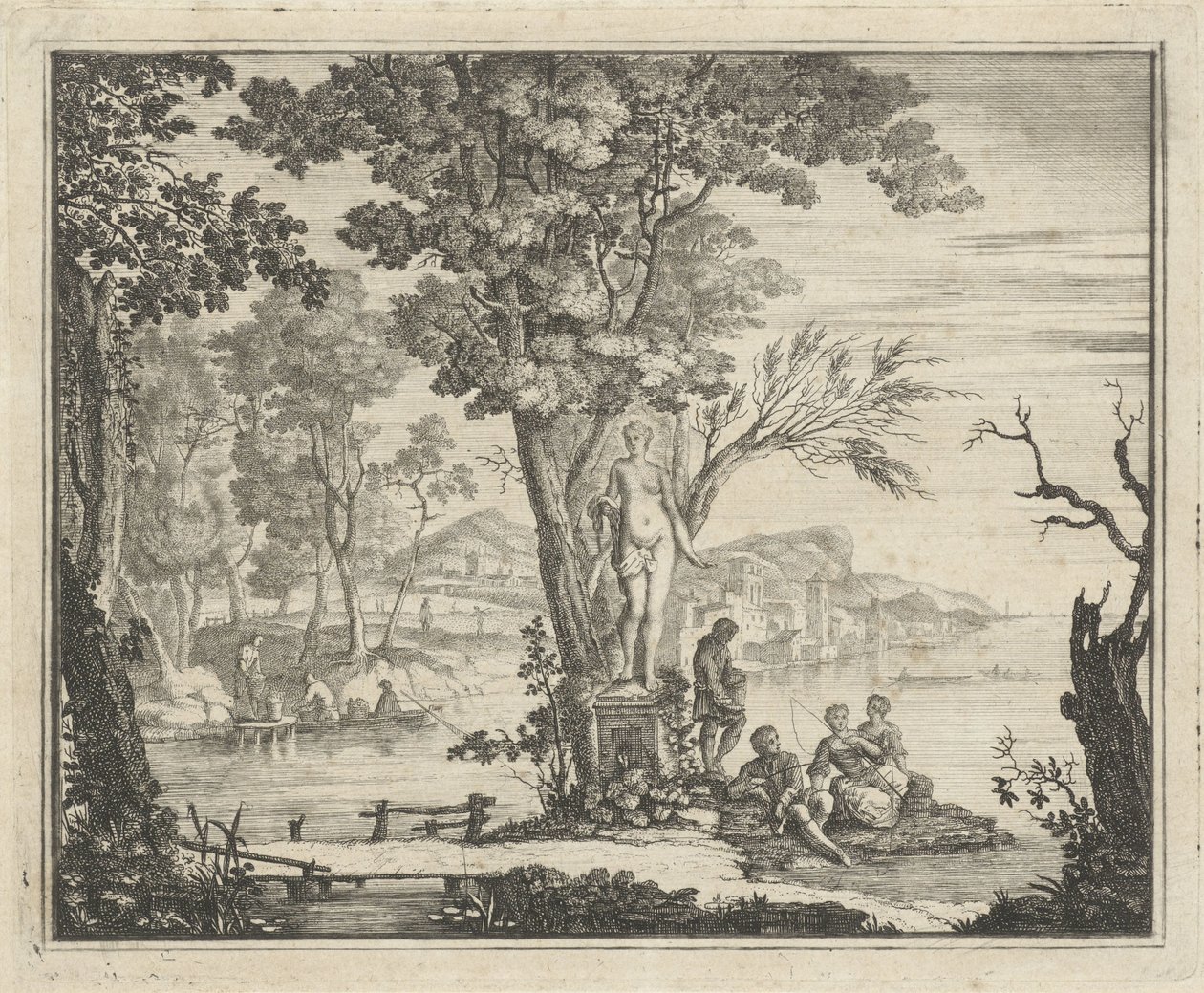 River Landscape with Anglers by a Statue of Venus by Gerard Melder