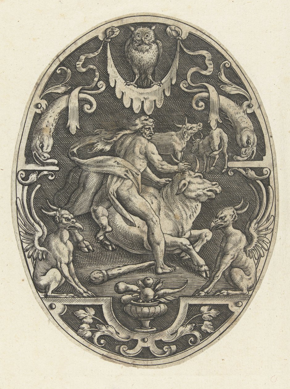 Hercules Captures the Cretan Bull (series title: Oval Decorations with the Deeds of Hercules in Grotesques) by Gerard de Jode