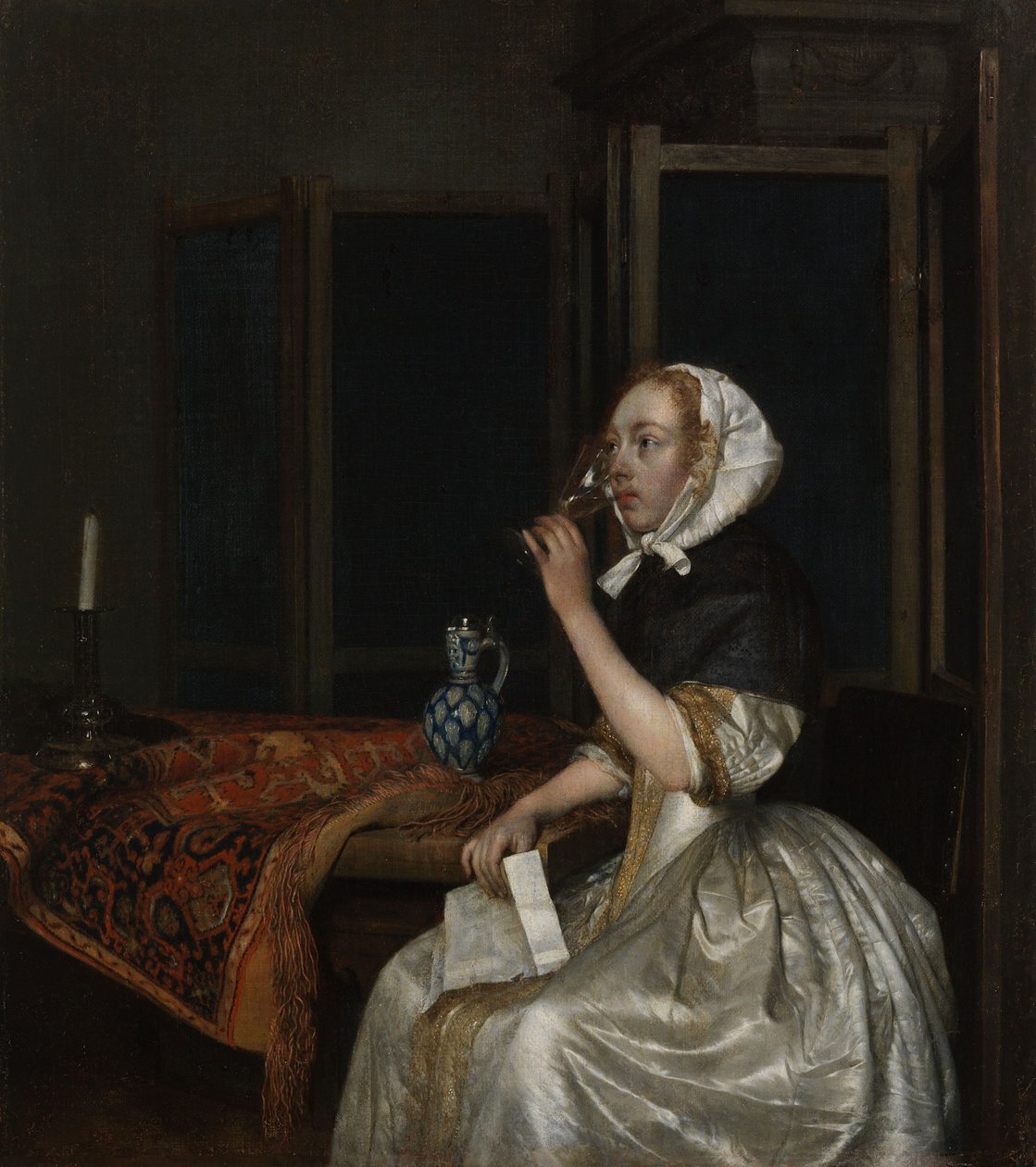 Young Woman with a Glass of Wine, Holding a Letter in Her Hand by Gerard ter Borch
